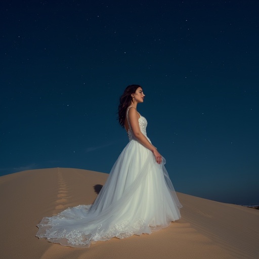 A woman stands gracefully on a sand dune. She wears an elegant white gown. The sky is filled with stars. This scene is set in a desert environment at night.