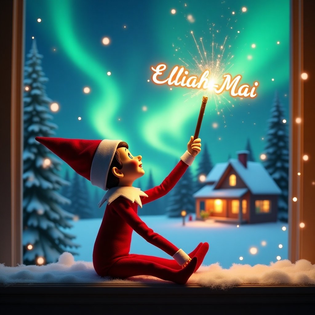 Elf on the shelf sits with back to viewer. Elf gazes skyward, holding glowing wand. Sparkling light emits from wand. Background shows Christmas scene with northern lights. Cozy house in distance, decorated for holidays. Snow covers ground. Elf embodies magic and wonder. The name 'Elliah-Mai' is written in the air using the wand.