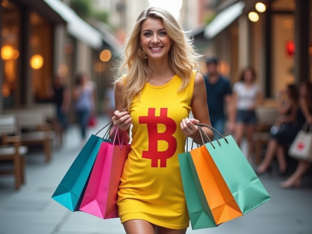 The image depicts a stylish young woman smiling while walking through a bustling shopping area. She is wearing a bright yellow dress featuring the Bitcoin logo prominently displayed in red. In her hands, she carries several vibrant shopping bags in shades of pink, green, and orange. The background shows other shoppers and shops, creating a lively atmosphere. The lighting is bright, emphasizing the cheerful vibe of a day out shopping.