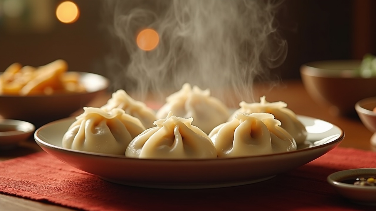 The scene captures the warm and inviting atmosphere of early winter. In the center, a plate of dumplings sits steaming, with their crystal clear skin revealing plump fillings. The dumplings appear freshly steamed, exuding warmth and flavor. Surrounding the plate, small dishes of soy sauce and vinegar add to the dining experience. The softly lit indoor setting suggests a family gathering, creating a cozy and comforting ambiance essential for winter meals. Rich details and warm tones enhance the inviting feel of this culinary scene.