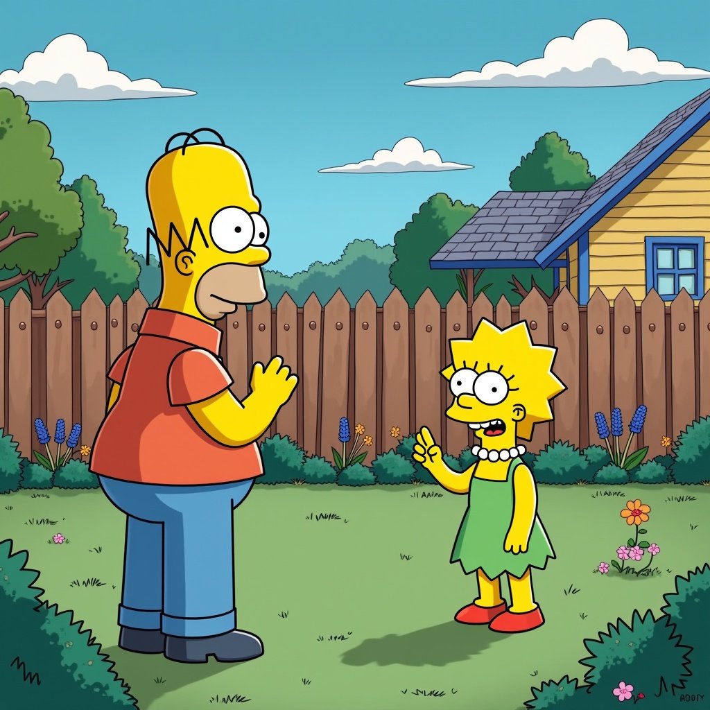 Colorful scene in backyard with Homer and Lisa Simpson. Sunshine and greenery visible. Characters are animated and cheerful. Standard cartoon style used.