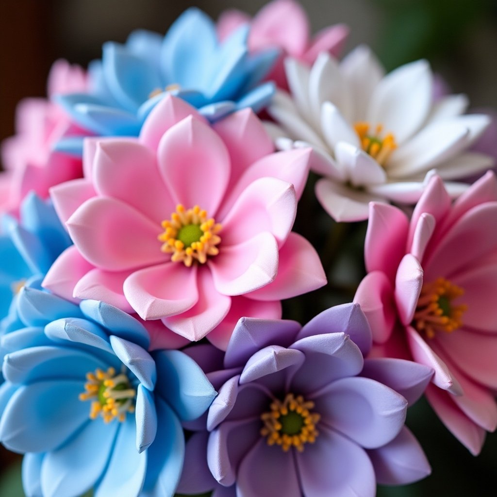 Vibrant bouquet of artificial flowers. Close-up view with pink, blue, and white blossoms. Detailed floral arrangement highlights colors.