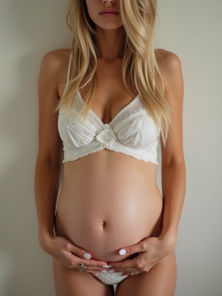 Image of a pregnant woman with blonde hair. Woman wears a white lace bra. Light shines softly on her body. She holds her belly gently with both hands. The background is simple and neutral.