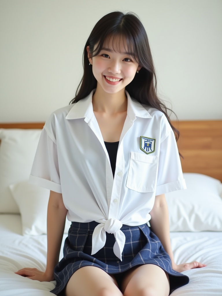 A young woman sits on a bed, exuding a sense of calm and happiness. She is dressed in a casual white shirt with a knot at the front and a plaid skirt, suggesting a youthful and trendy style. The soft lighting highlights her cheerful smile and gentle demeanour against the neutral tones of the room.