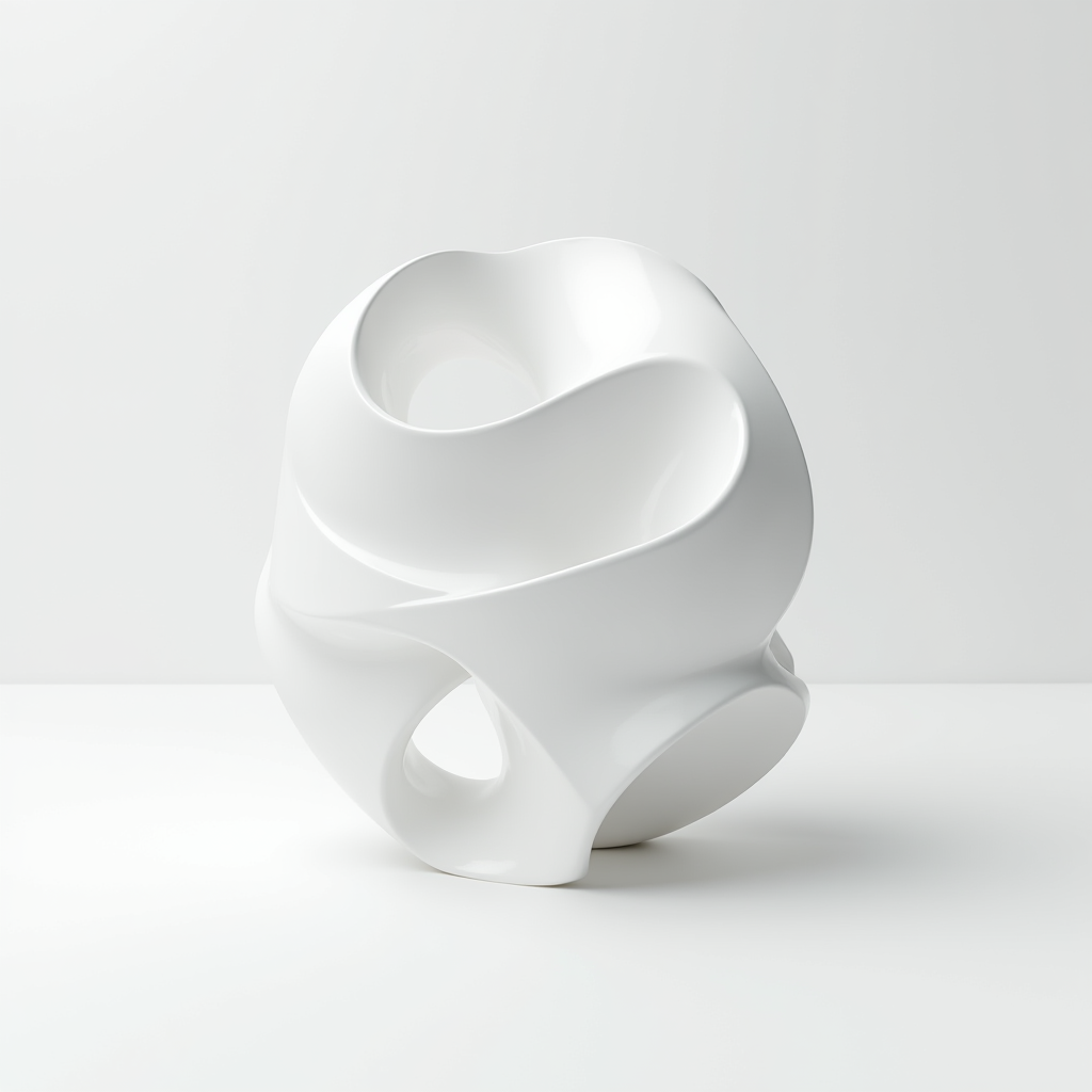 A smooth, flowing white abstract sculpture with swirling curves and hollow sections set against a minimalist white background.