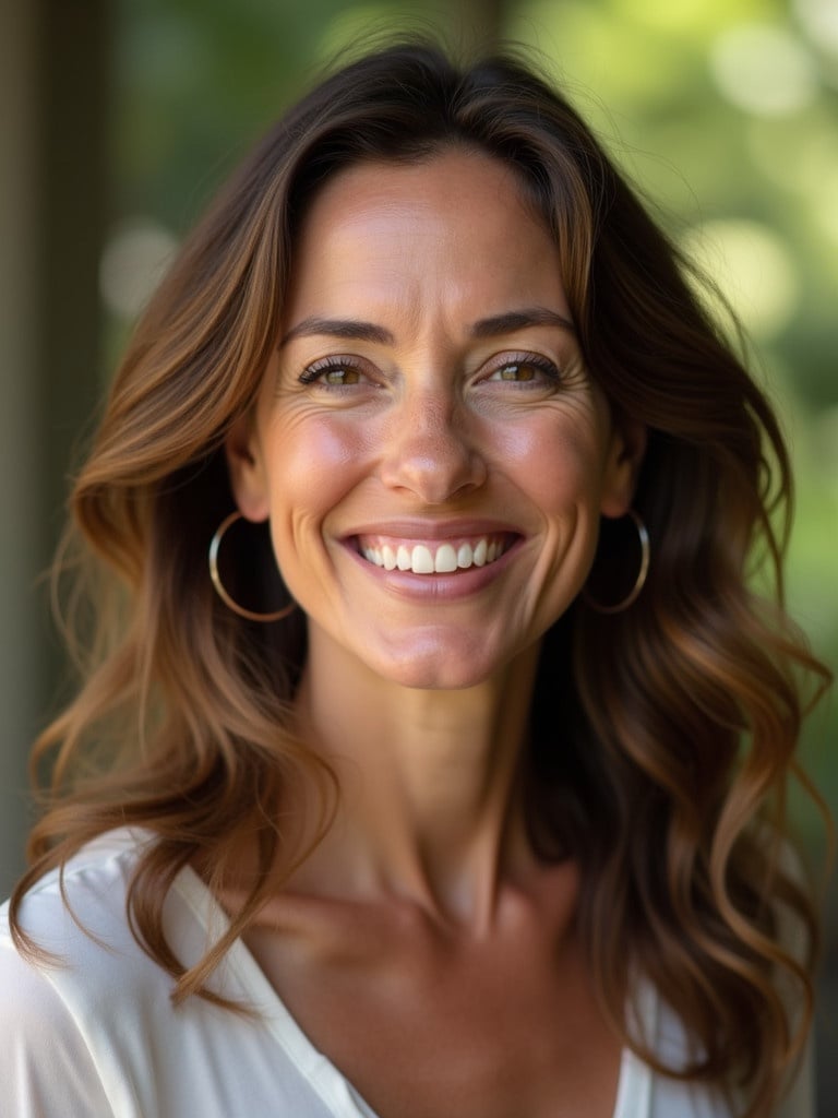 Image of a young woman mid-50s with realistic features and soft skin texture. She has long wavy brown hair. Expression is friendly and candid. Environment is softly lit with a natural backdrop. Pose is relaxed and casual. Include light freckles and natural hair flyaways. Colors are balanced.