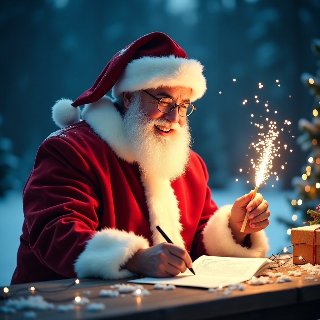 Santa Claus dressed in red and white writes a letter with a glow stick in a cozy, festive setting. Sparkles can be seen, representing magic and joy.