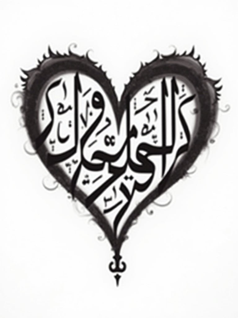 Arabic calligraphy artwork in the shape of a heart featuring the names Rumaiza Abdul Samad Muhammed Uvais Jouhari Al Falili. The design should utilize dark ink on a clean white background.