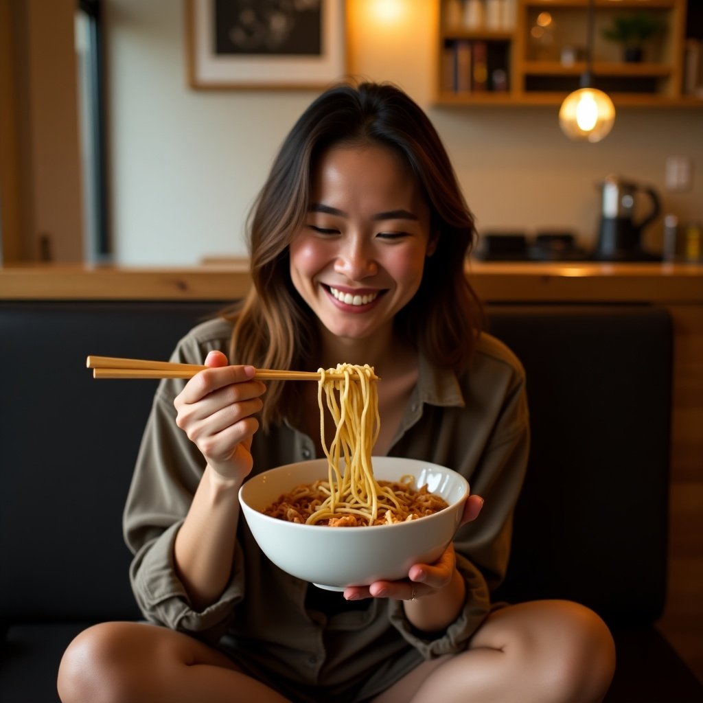 A woman is joyfully sitting cross-legged while eating a bowl of noodles with chopsticks.