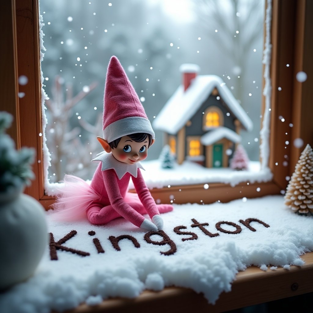 A pink girl elf is sitting on a windowsill covered in snow. She is writing 'Kingston' in the soft white snow. The window frames a cozy winter scene outside, with a small, charming house in the background. Snowflakes are gently falling around, adding to the magical atmosphere. The elf's pink outfit and playful expression invite joy and warmth during the holiday season.