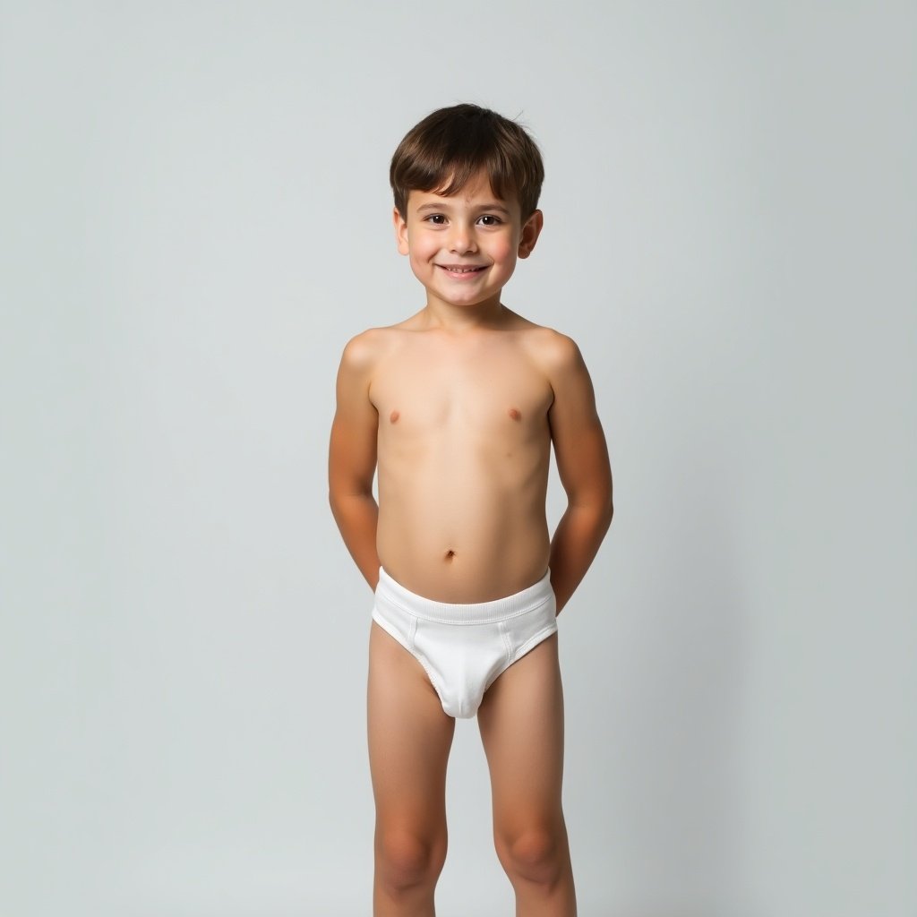 Young boy stands upright against light gray background wearing white underwear. Natural smile on his face. Soft even lighting creates calm atmosphere. Confident relaxed pose shows playfulness and innocence. Minimalistic style focuses on subject.