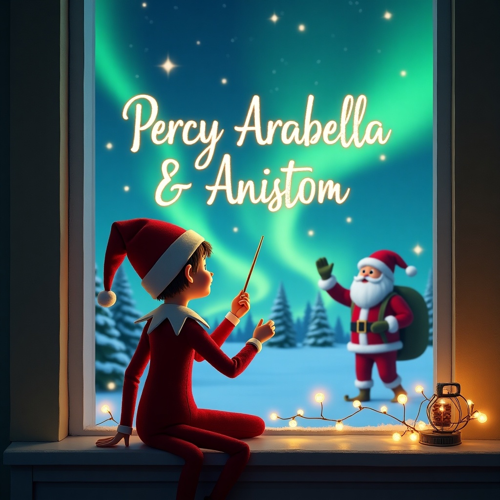 A cozy scene featuring an elf on the shelf with his back turned, positioned in front of a window. He's looking up at the night sky, using a magic wand to write 'Percy Arabella & Aniston' among the northern lights. The background is enchanting, showing a snowy landscape with a joyful Santa waving. String lights frame the window, adding a warm, festive glow. This image captures the magic of Christmas through a child's eyes, blending tradition with festive imagination.