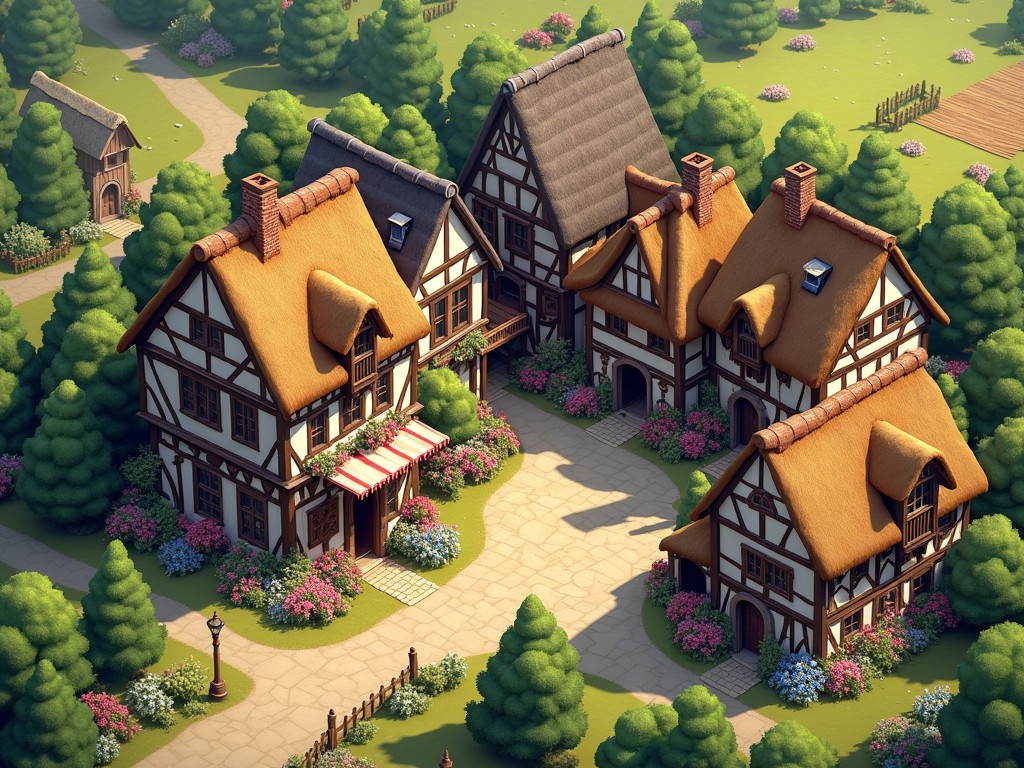 Isometric view of a picturesque medieval town. The town center contains charming two-story half-timbered houses. Thatched roofs adorn the buildings. Ground floors host artisan shops and craft businesses. Workshops of blacksmiths and carpenters are located on the outskirts. Farms are present at the town's edge surrounded by lush fields. Spring season enhances the scene with colorful flowers. The town is surrounded by meadows and dense forests creating a tranquil rural charm.