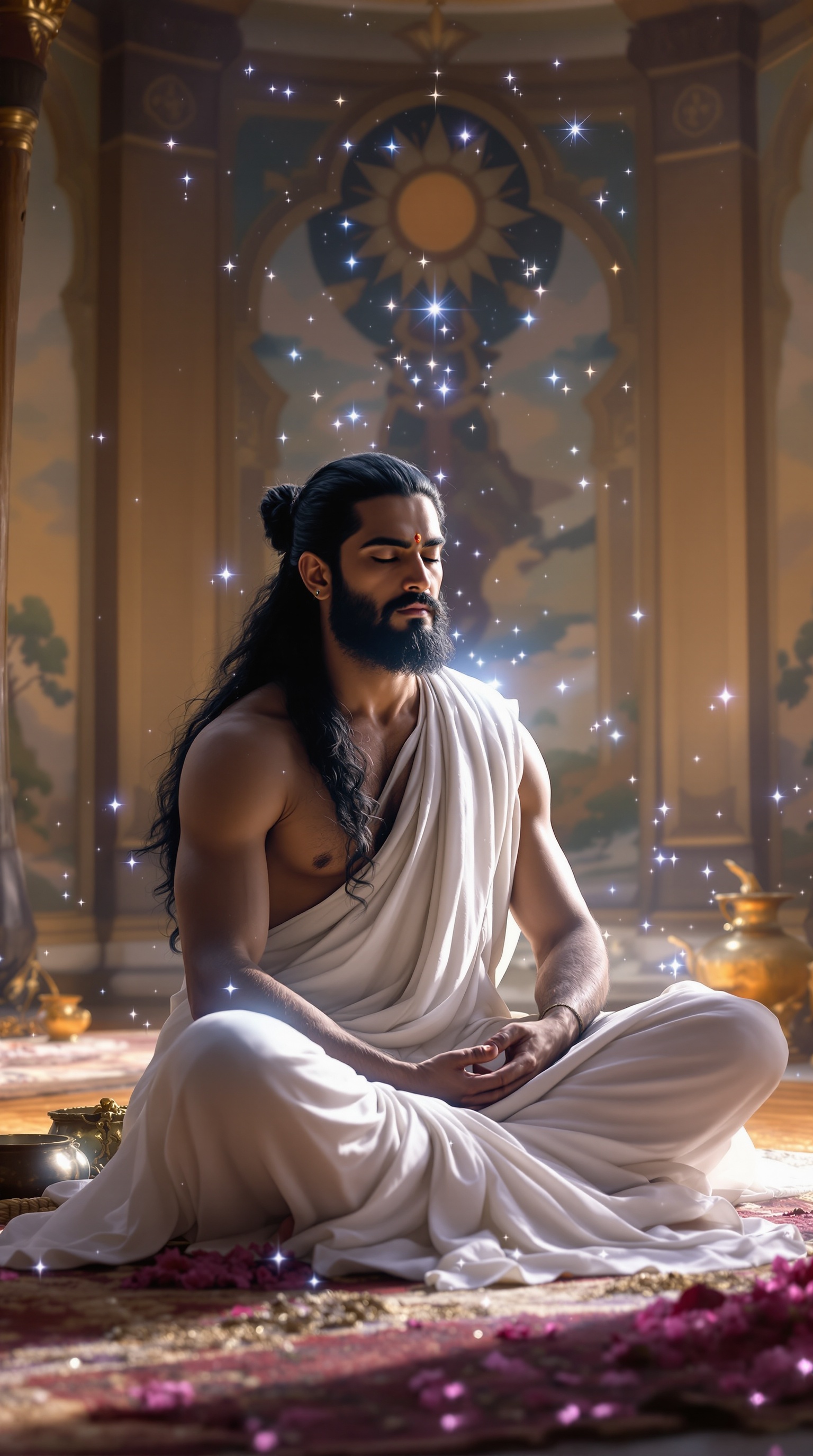 Arjuna meditates in a chamber. Long hair tied back. Intense face with deep eyes. Light beard and simple white attire. Surrounded by a divine aura. Wood and stone decor. Murals show heavenly scenes. Urvashi enters gracefully in shimmering attire.