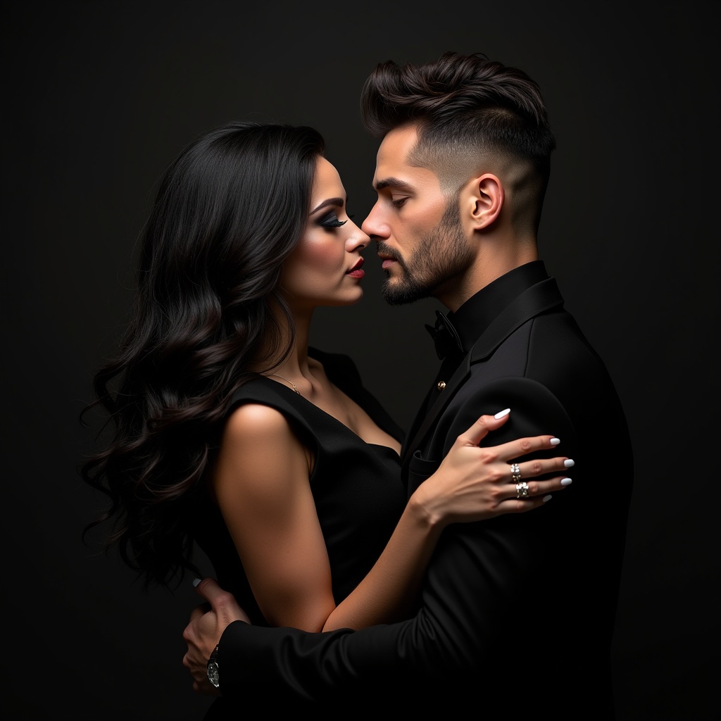 Striking image of a couple embracing in an intimate gesture. Woman has long dark hair and dramatic makeup. Man has a rugged appearance. Both wear elegant black attire. The moment captures sophistication and allure.