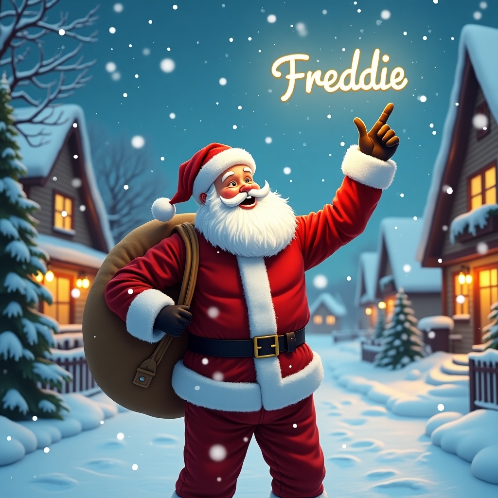 Santa Claus stands in a snowy village. He wears a red suit and has a bag over his shoulder. He points at the name 'Freddie' in the sky. Snowflakes gently fall. Warm lights come from homes in the background.