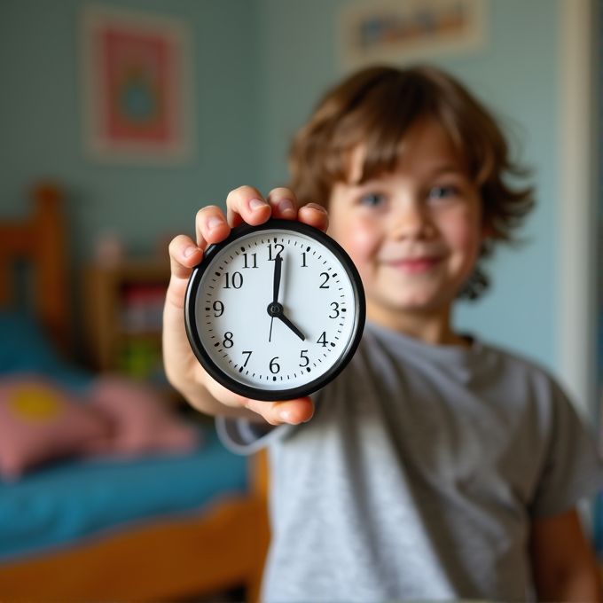 A smiling child holds up a small clock showing eight o'clock.