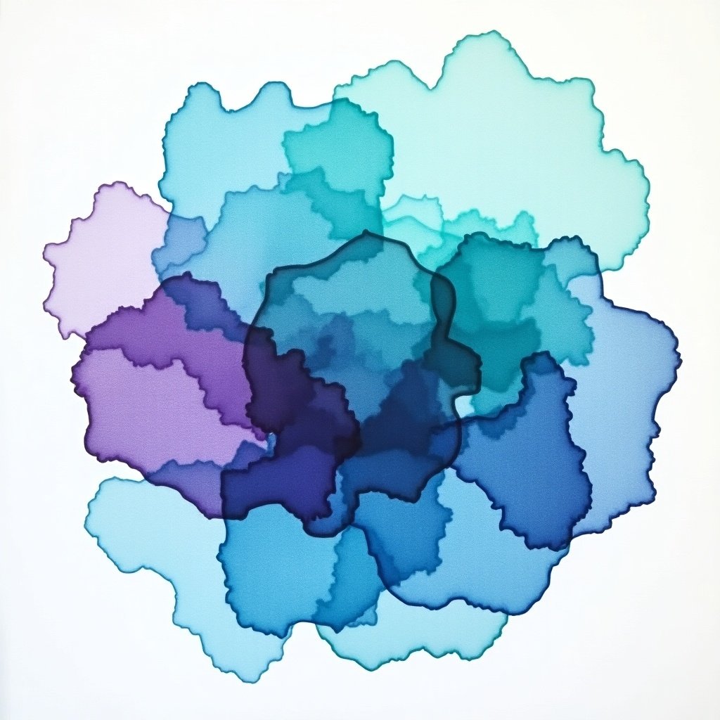 This image features an abstract design created with alcohol ink, showcasing a blend of teal and purple hues. The composition consists of overlapping shapes, each with varied translucency. The gentle gradient of colors creates a vibrant yet soothing visual effect. This artwork is perfect for modern home decor and artistic expressions. Ideal for use in marketing or branding projects that require a touch of elegance.