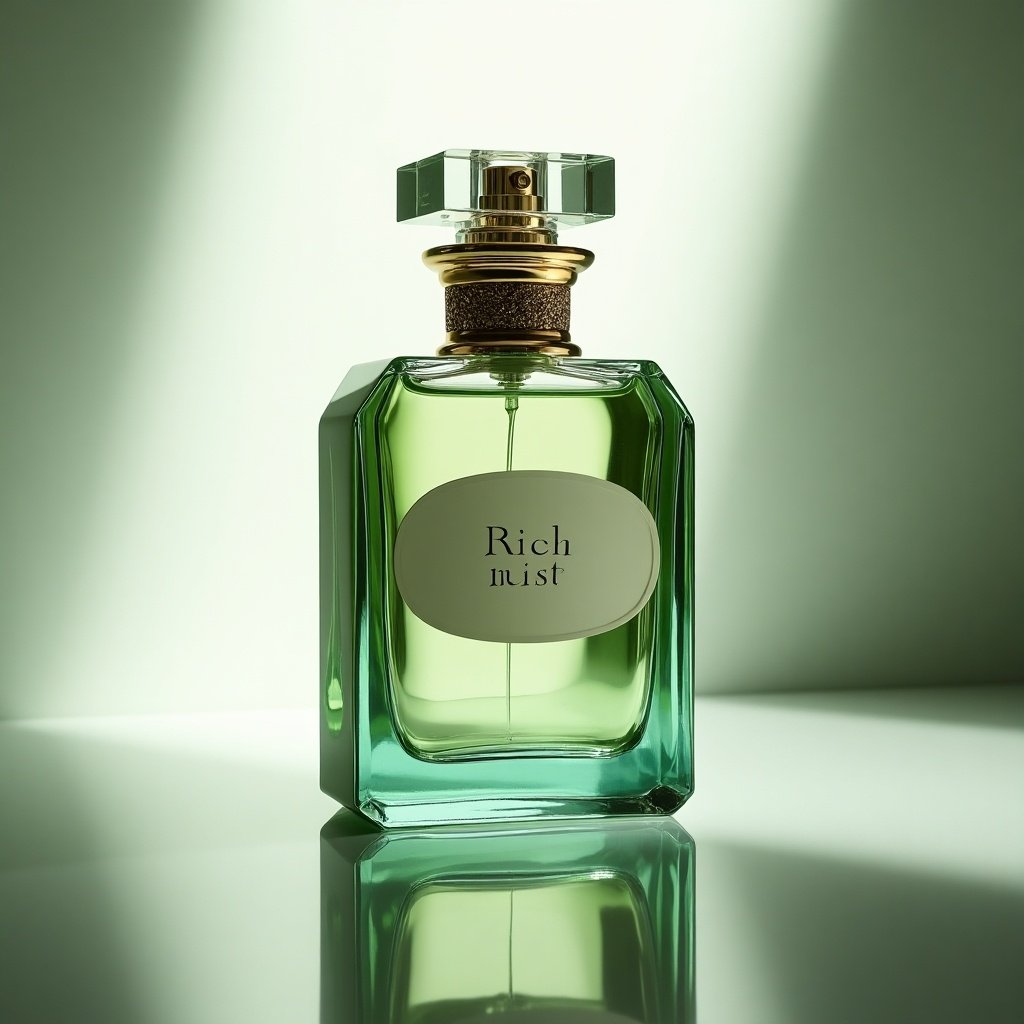 Elegant perfume bottle showcasing Rich Mist fragrance. Classic shape and luxurious glass. Green liquid is visible through the bottle. Decorative gold cap adds sophistication. Prominent label with brand name in the center. Soft lighting enhances elegance with gentle reflections.