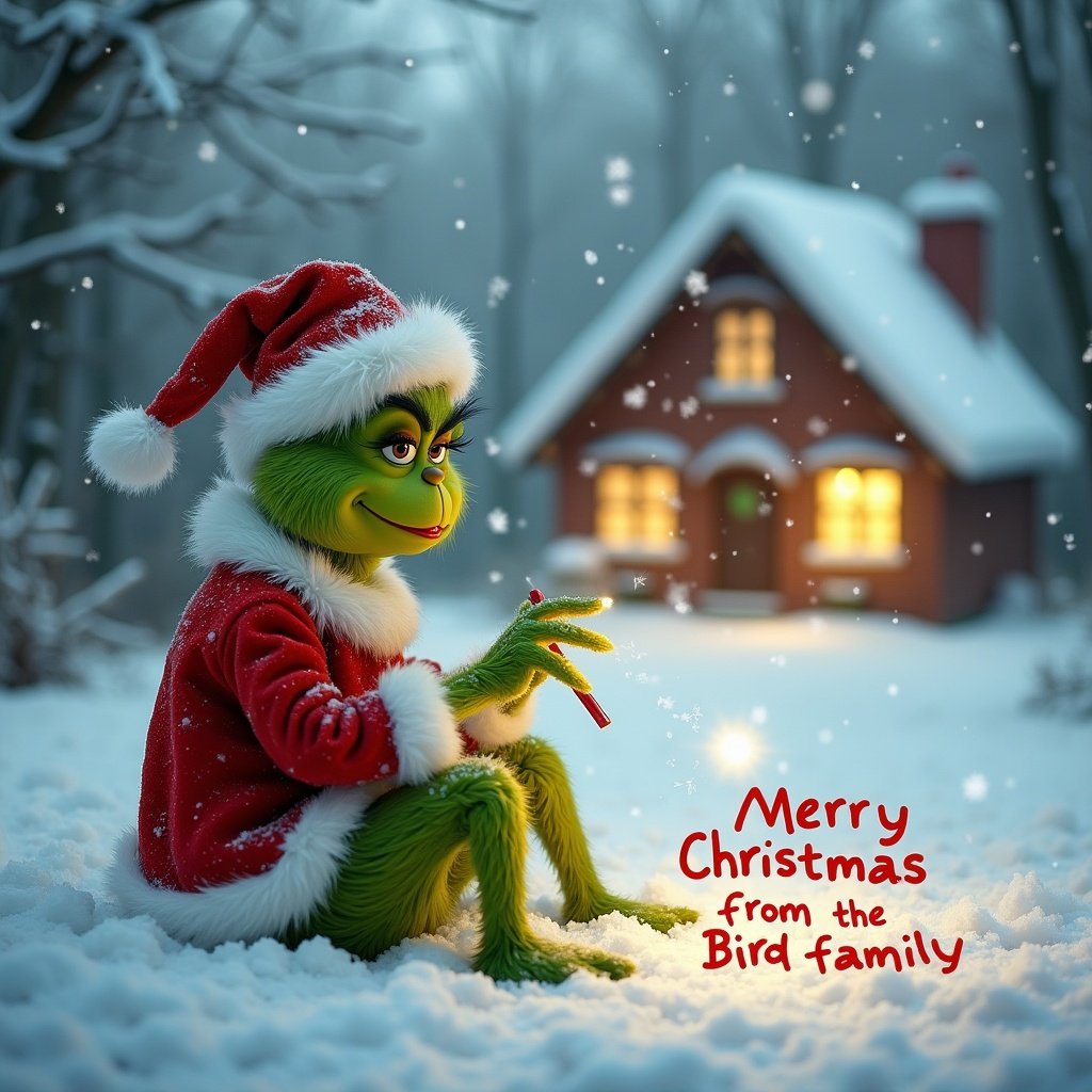 Grinch in red and white outfit sits in snow. Writes Merry Christmas from Bird family in snow. Snowflakes fall around him. Cottage with warm lights in background. Captures holiday creativity.