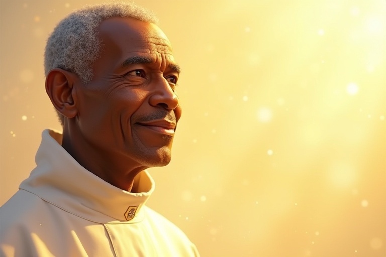 Digital artwork of Saint Martin de Porres in a close-up portrait. Luminous colors of gold, white, and beige. Depicted in a Dominican habit with a serene expression. Rich brown skin tone highlighting Afro-Peruvian heritage. Golden glow surrounding him. Gradient background with glowing gold and white. Positioned on the right for text placement on the left.