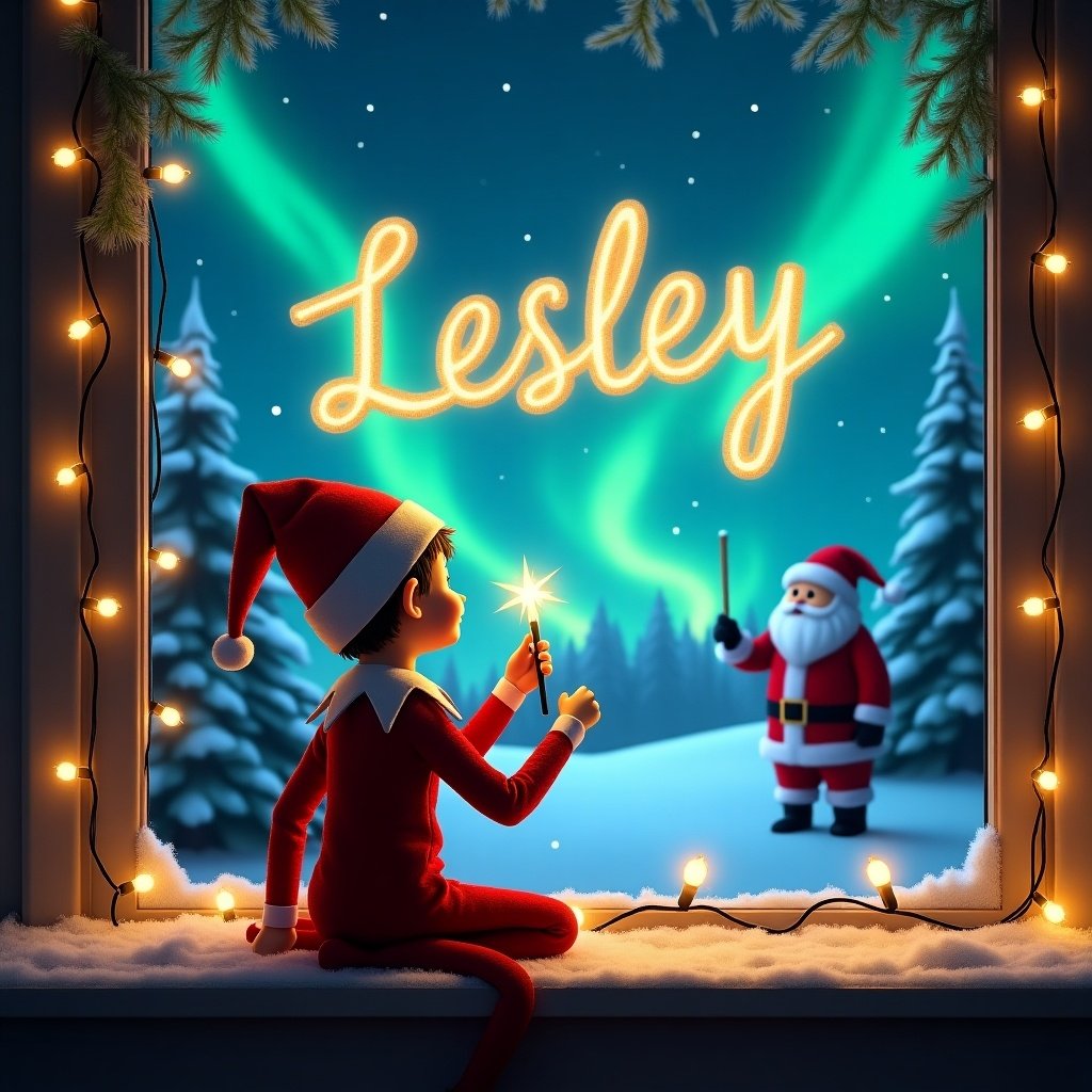 Elf writing the name Lesley in glowing letters. Night sky with northern lights. Santa Claus in the distance. Snow-covered trees frame the window. Cozy lights over the window sill.