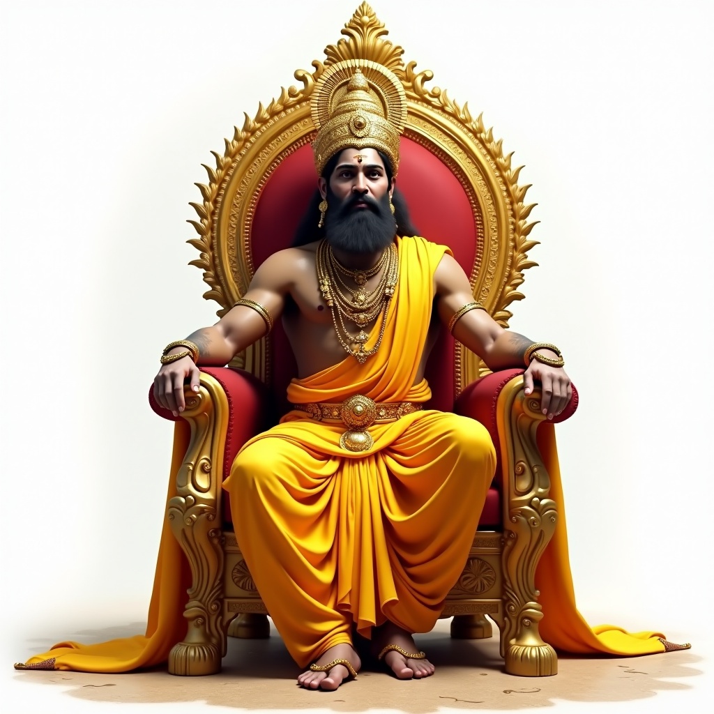 An ancient Hindu king is seated on a golden throne. He wears elaborate golden jewelry and a large golden crown. His attire features flowing yellow clothes. The floor is visible, and the background is white.