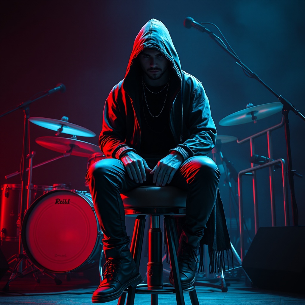 A shadowy figure in a hooded jacket sits amid stage lighting and musical instruments, exuding a mysterious aura.