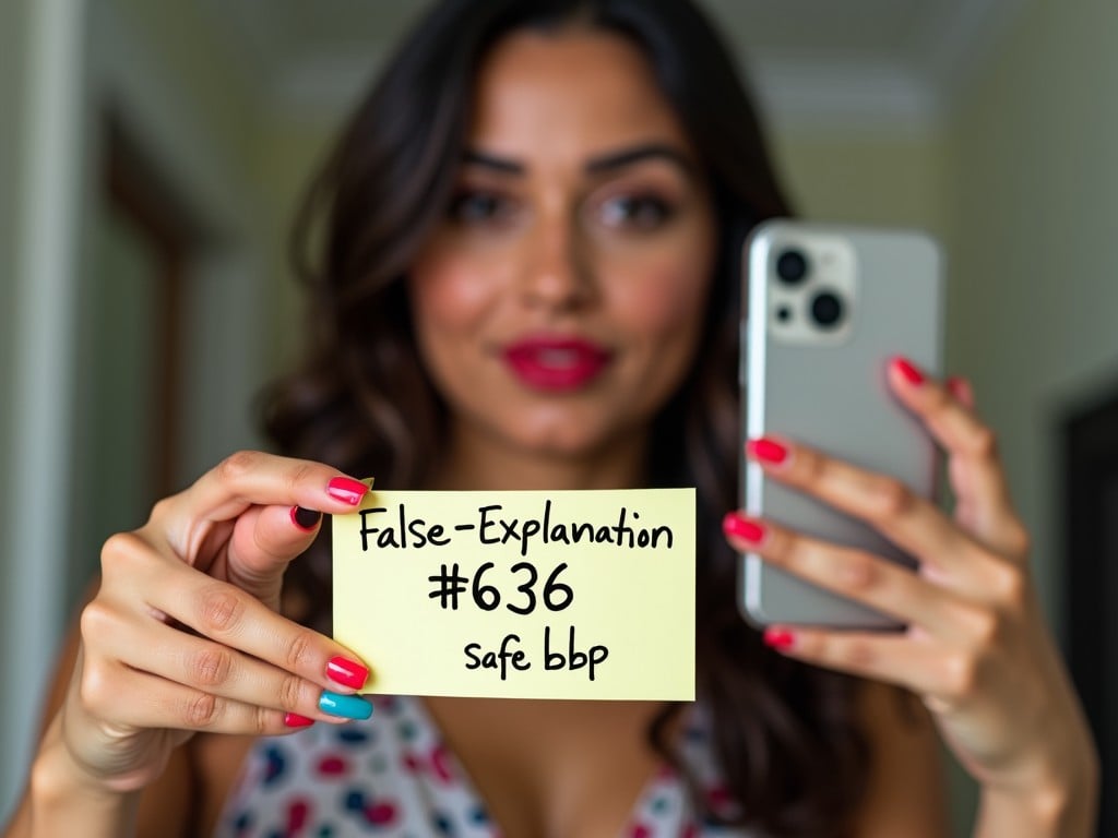 A woman with long, dark hair is taking a selfie while holding a yellow note. The note has writing on it that says 'False-Explanation #636 safe bbp.' She is wearing bright nail polish, with different colors on each finger. The photo has a relaxed and casual vibe, with soft lighting that enhances her face. The background is a soft, blurred interior, giving a sense of a comfortable space. The woman's expression is confident, conveying a message of engagement in social media.