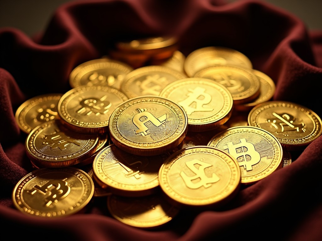 The image features a collection of shiny gold coins arranged elegantly on a deep red fabric. The coins have various designs, prominently showcasing cryptocurrency symbols. The warm lighting enhances the metallic sheen of the coins, creating an inviting yet luxurious feel. This top-down view captures a sense of abundance and wealth, ideal for financial discussions or investment topics. This striking visual can appeal to audiences interested in digital currency and investments, conveying concepts related to finance and modern economics.