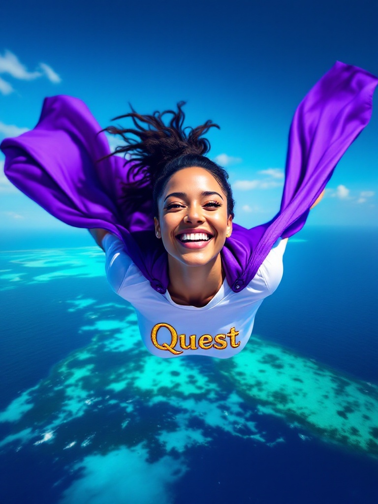 A joyful Latin female daycare teacher flies high above the Caribbean Sea. She wears a vibrant purple cape and a white shirt saying 'Quest'. The turquoise waters sparkle under a clear blue sky. The image conveys a sense of adventure and empowerment.