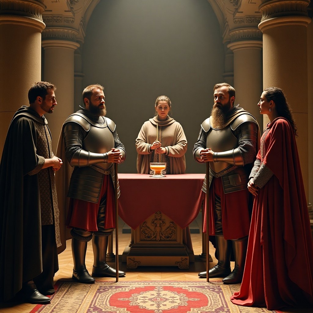 Figures in historic attire participating in a medieval oath ceremony. Knights and a lady stand before an altar with symbolic elements. The setting has a focal altar, dramatic lighting, and a solemn atmosphere.