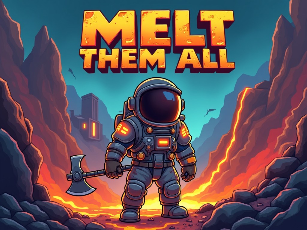 An astronaut in full gear holding a futuristic ax stands in a fiery, volcanic landscape. Behind them, molten lava flows and a distant futuristic structure rises. The text 'Melt Them All' is boldly displayed at the top.