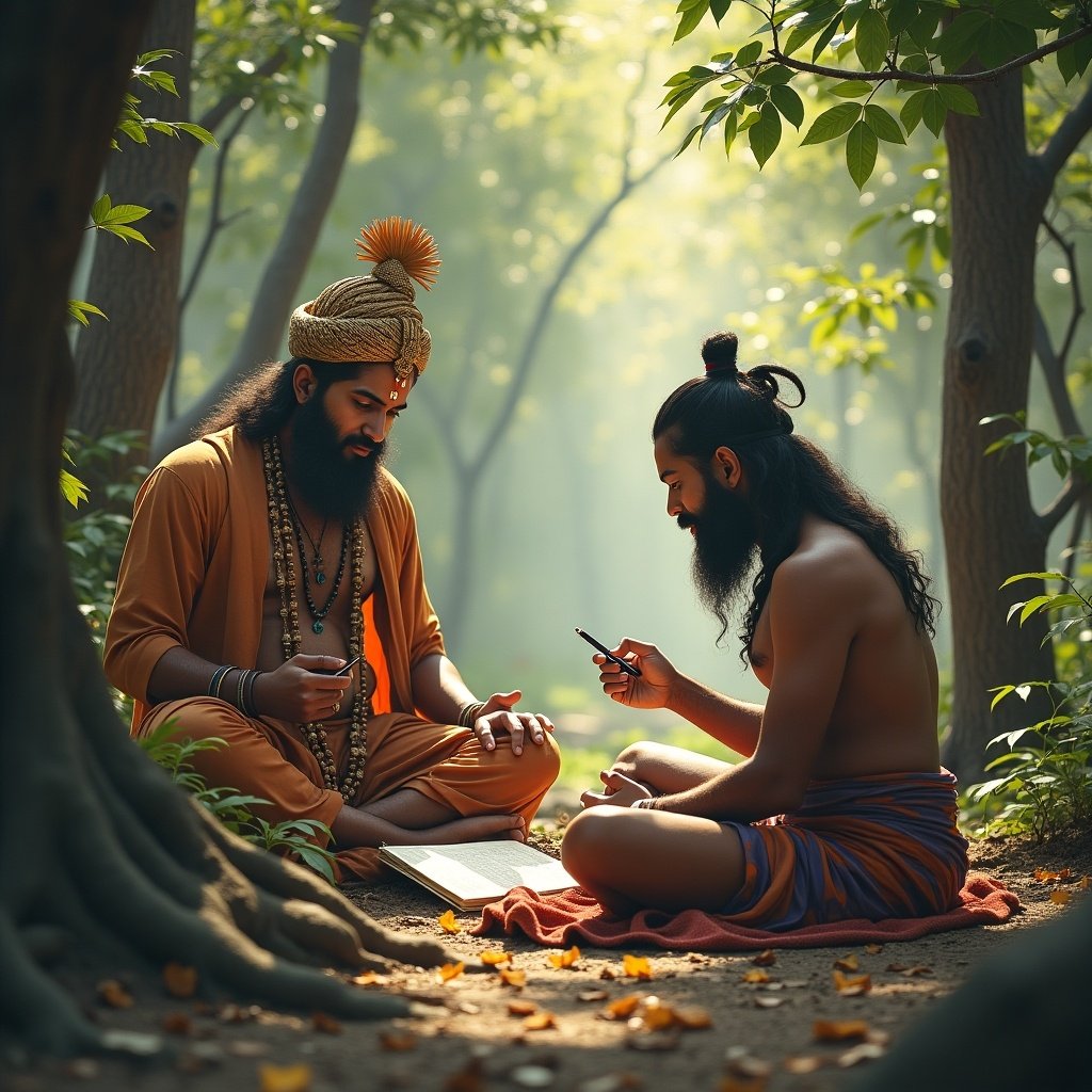 Lord Ganesha sits near Sage Vyas in a tranquil forest. Vyas writes the Mahabharata on a leaf covered notebook. Sunlight filters through the trees creating a mystical ambiance. The scene is serene and inspiring. The figures are engaged in deep conversation amidst nature.