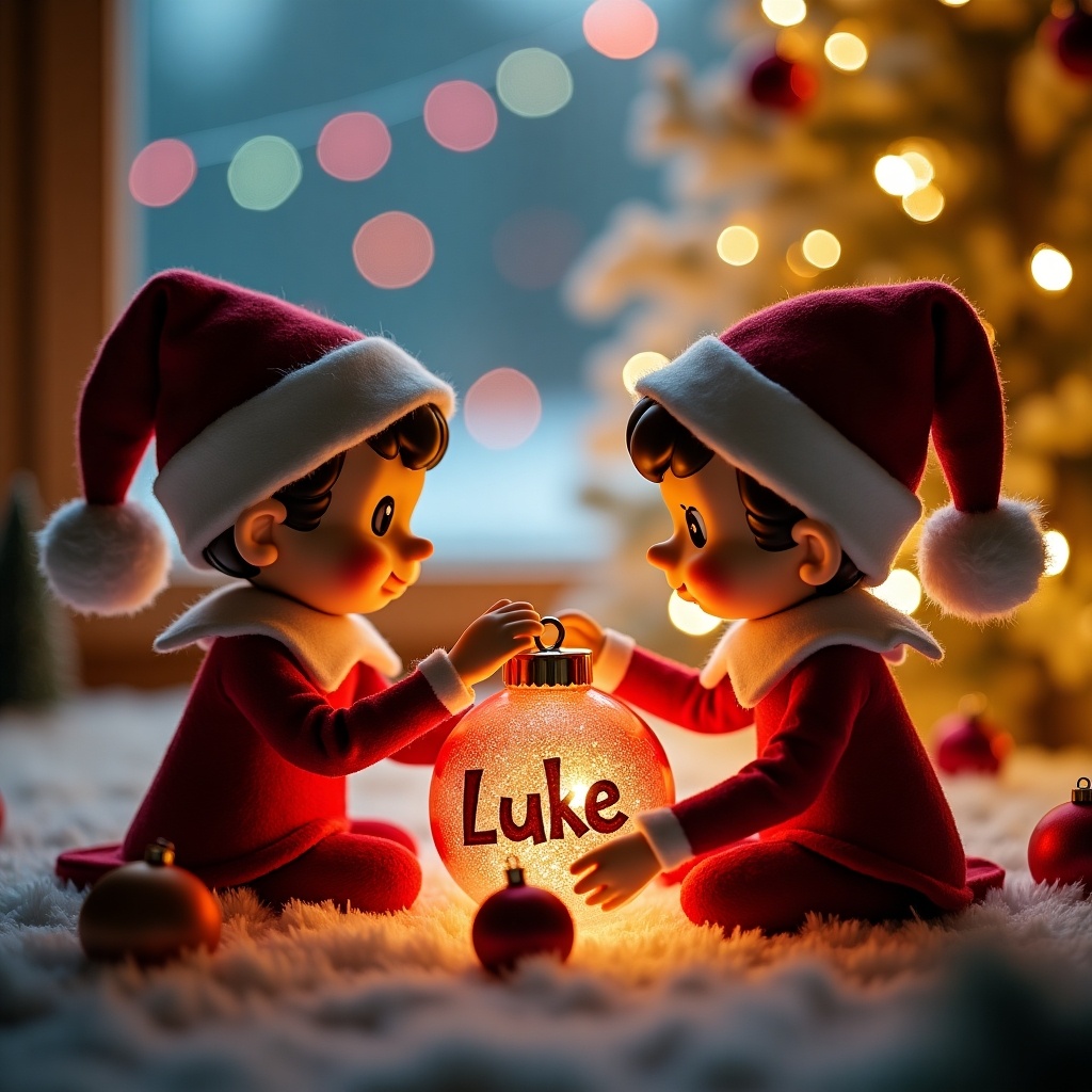 The image features two adorable Christmas elves sitting closely together, each wearing matching red outfits with white trim and festive hats. They are intently focused on a sparkling bauble on the ground, which is personalized with the name 'Luke'. Surrounding them are soft, fluffy decorations reminiscent of winter magic. In the background, a beautifully lit Christmas tree twinkles with soft colors, adding warmth to the scene. This heartwarming moment captures the joy of the holiday season, making it perfect for various festive applications.