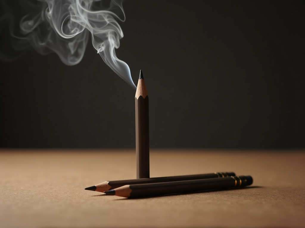 A pencil stands upright emitting smoke, with two horizontal pencils beside it against a dark background.