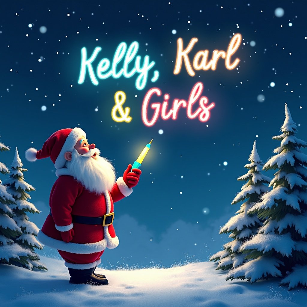 Winter landscape with Santa. 'Kelly Karl & Girls' in glowing text. Night sky filled with snowflakes. Santa holding glow pen. Snow-covered trees surround him. Captures Christmas joy and warmth.