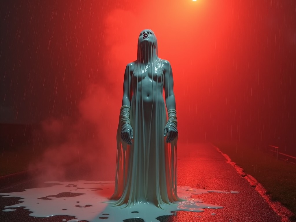 This image shows a figure standing in a surreal setting, covered in white wax, as rain falls around them. The background is dominated by a striking red sky illuminated by an overhead light. The scene evokes feelings of isolation and mystery. The road is glossy from the rain, reflecting the red hue. The figure appears almost ethereal, creating a haunting atmosphere.