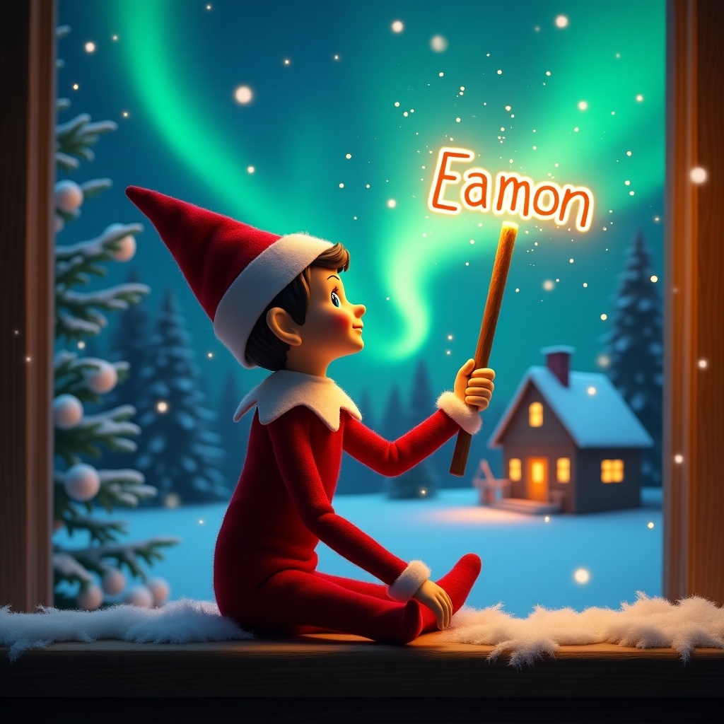 Elf on the shelf sits with back to viewer. Elf gazes skyward. Holding glowing wand. Charming Christmas scene with colorful northern lights. Cozy house in distance. Snow on ground. Elf embodies magic and wonder of Christmas. Name ‘Eamon’ appears in the air from wand.