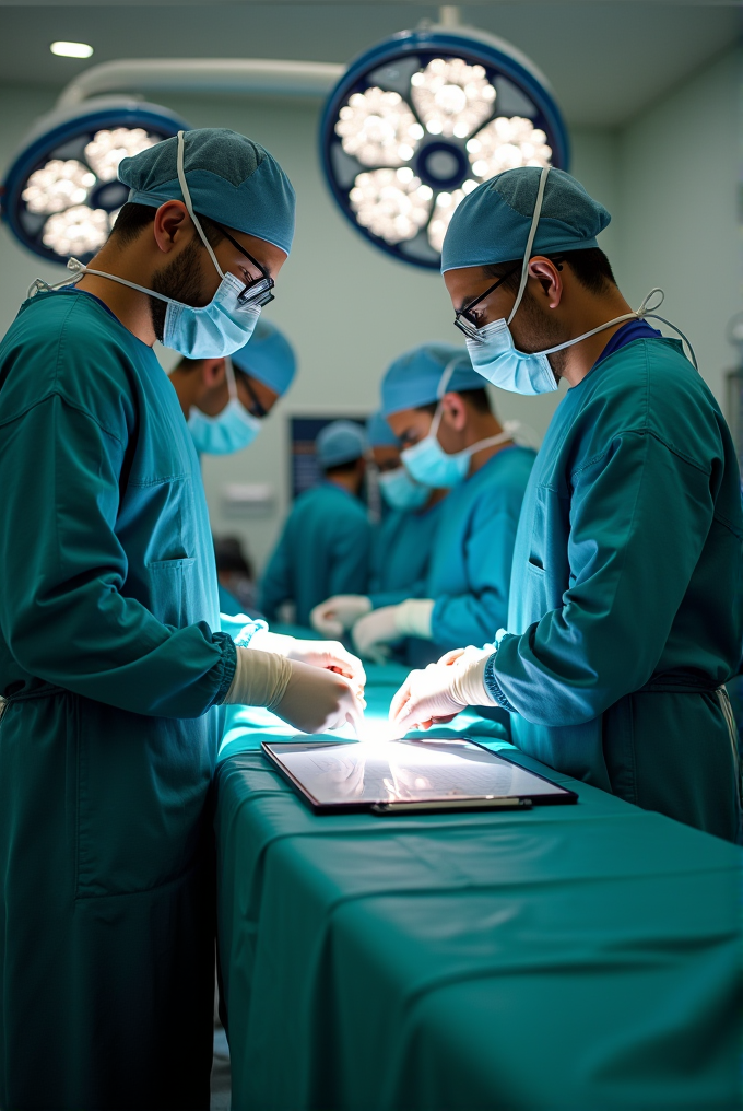 Surgeons in blue scrubs and masks are performing surgery in an operating room.