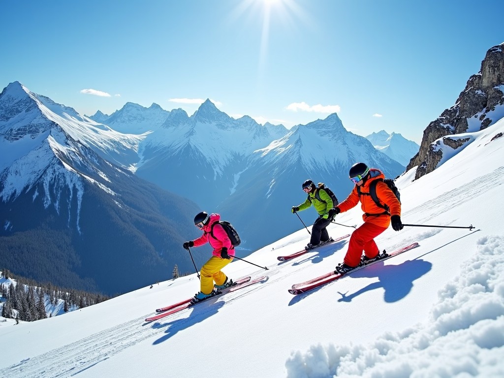 Three skiers in colorful outfits skiing down a snow-covered mountain slope with a clear blue sky and majestic mountain peaks in the background.