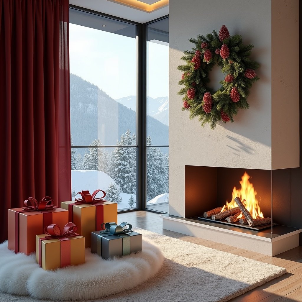 A cozy Christmas scene in a penthouse cabin. Warmly lit fireplace with a floral decoration. Red curtains frame the large glass windows. Colorful gift-wrapped presents with ribbons sit on a soft fur mat. Snowy trees and mountains visible in the background. The atmosphere is sunny and festive.