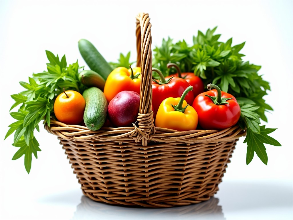 This image features a wicker basket overflowing with a variety of fresh fruits and vegetables. Bright red, yellow, and orange bell peppers sit alongside cucumbers and a mix of leafy green herbs. The arrangement is visually appealing, showcasing the vibrant colors of the produce. The soft lighting enhances the freshness and appeal of the items, making them look ready for a healthy meal. This composition emphasizes the beauty of natural foods and promotes a healthy lifestyle.