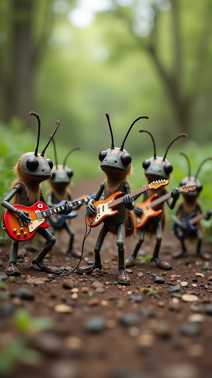 A group of anthropomorphic ants playing electric guitars in a forest setting, resembling a rock band.