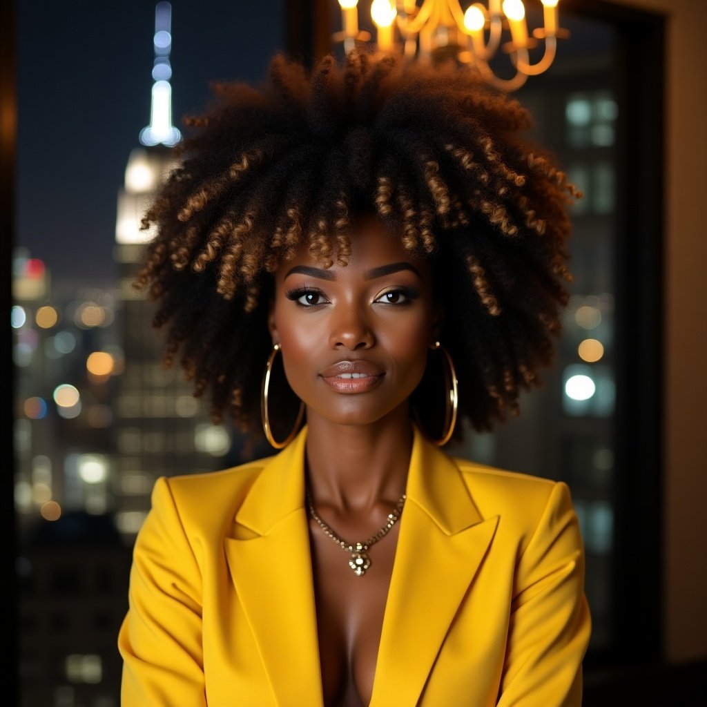 A black woman with a big curly Afro and blonde highlights is in a modern office. She wears a well-tailored yellow suit. The Empire State Building is visible at night outside the window. There are certifications and degrees on the wall behind her. The room is decorated with luxurious accents including mink and fox pillows. A chandelier hangs above. The ambiance is upscale and stylish.