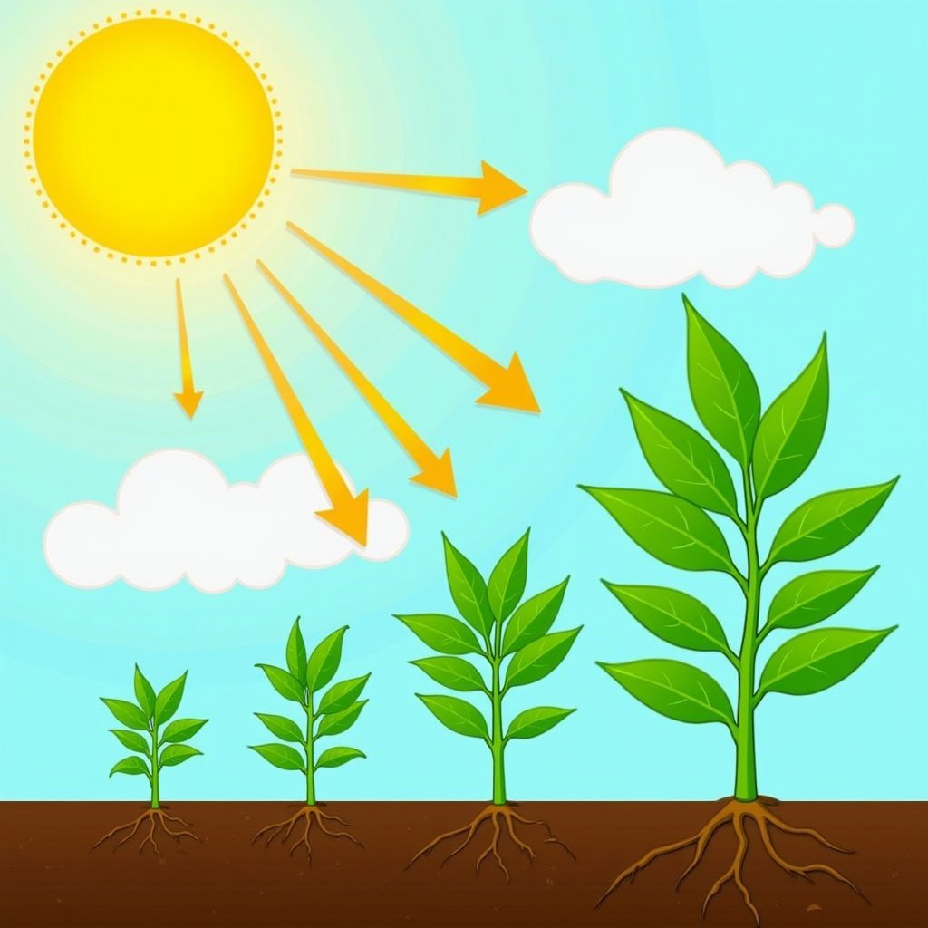 Illustration of photosynthesis process in plants. Bright sunny sky with large sun and fluffy clouds. Foreground shows multiple plants at different growth stages with lush green leaves. Arrows indicate sunlight movement for energy. Visible soil represents nutrients. Captures plant growth and photosynthesis visually.