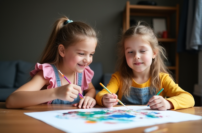 Two young girls joyfully paint with brushes on a large piece of paper, surrounded by vibrant watercolors, in a cozy room.