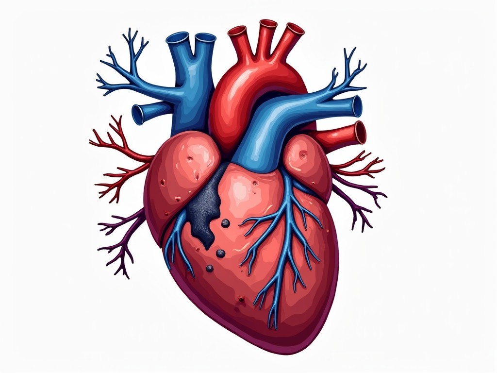 This illustration showcases a stylized anatomical heart, vividly highlighting various arteries and veins. The red and blue hues depict the flow of oxygenated and deoxygenated blood, casting the heart as both a vital organ and a subject of artistic depiction. Its clean lines and vibrant colors make it visually striking against a simple white background.