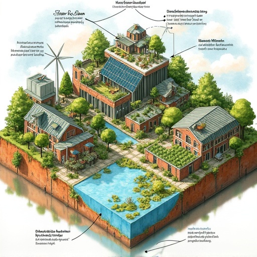 Detailed isometric illustration of a sustainable city featuring vertical farms, solar panels, wind turbines, circular food systems, natural water filtration systems, agroforestry, diverse housing styles. Watercolor style with Dutch text labels describing elements.