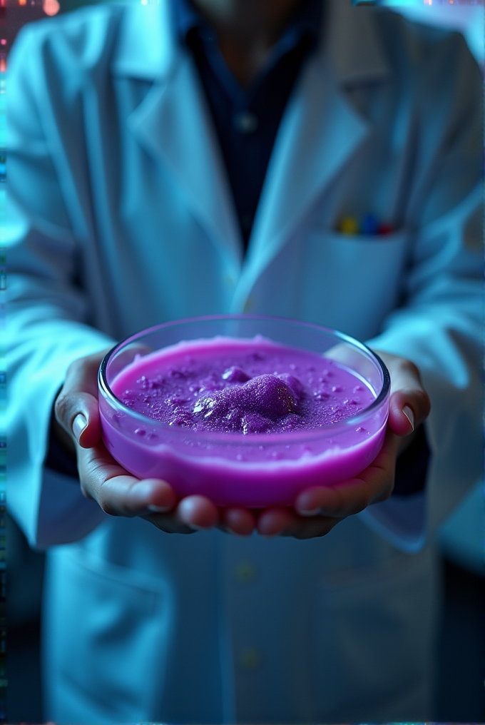 A person in a lab coat holds a glass dish with bubbling purple liquid.